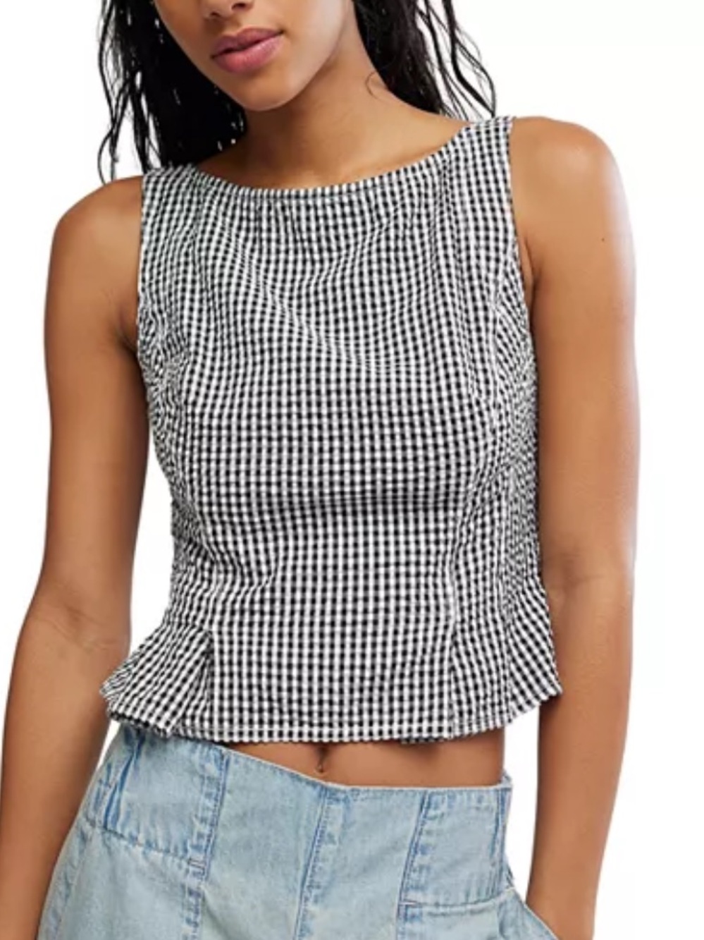 Free People Sunfaded Gingham Peplum Top Size M